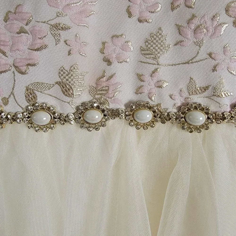 Couture Princess Girls Ivory Tulle Size 8 Pink-Gold Floral Brocade/rhinestone - Picture 3 of 7